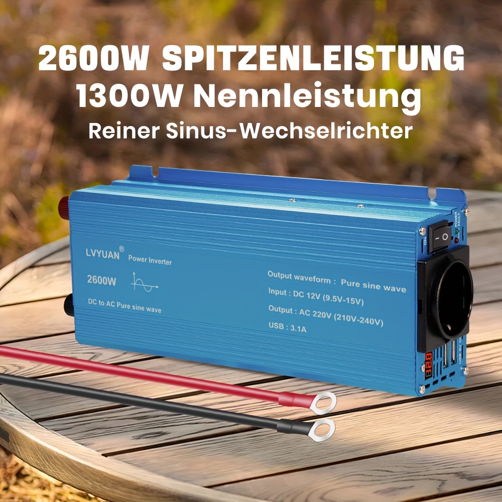 Image of Lvyuan 1300w/2600w () Pure Sine Wave Inverter, 1300w Automotive Inverter, 12v To 230v Ac Power Inverter, For In-car, Domestic, Outdoor Camping