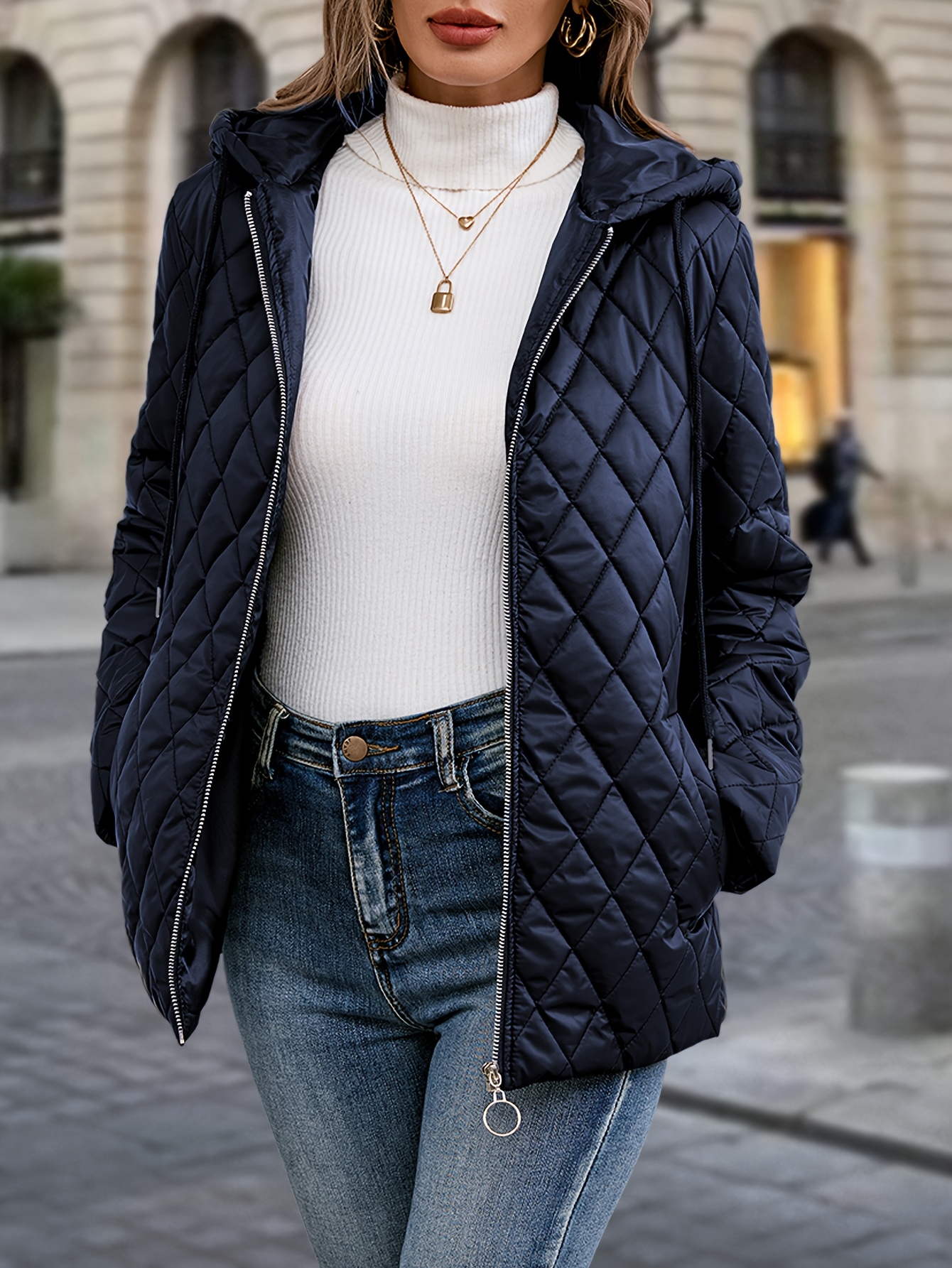 Elegant Women'S Quilted Lightweight Jacket Hooded Zip-Up Coat with  Pockets, Olive Green Spring/Fall, Stylish Layering Piece, Spring Out