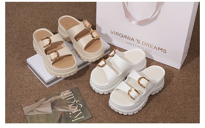 Women'S Elegant Thick Sole Double Strap Sandals with Buckle Closure - 6cm Height Increase, Soft EVA Material, Non-Slip, Open Toe, All-Season Wear, White, Elegant Footwear | Chic Sandals | Elegant Strap