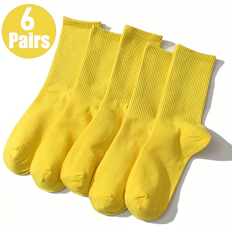 TEMU 6 Pairs Of Spring/summer New Breathable, Sweat-absorbent, Easy, Solid Color, Versatile Yellow Macaron Unisex Mid-tube Socks, With Casual Shoes