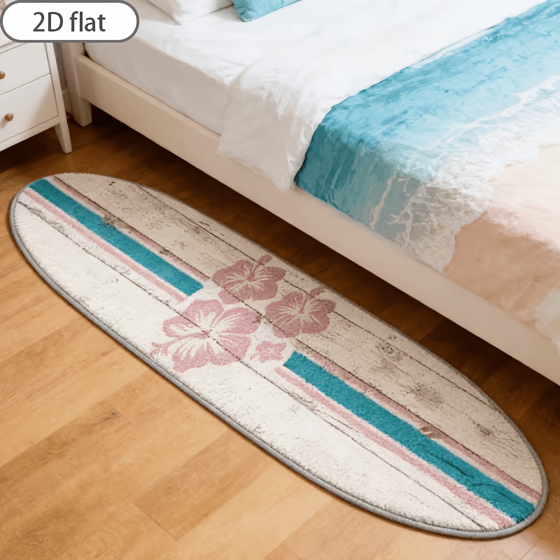 TEMU [hot Molding Base Faux Cashmere] 1pc 2d Flat Surfboard Carpet Pink Floral Irregular Bedroom Carpet Blue White Wooden Pattern Bedroom Bedside Mat