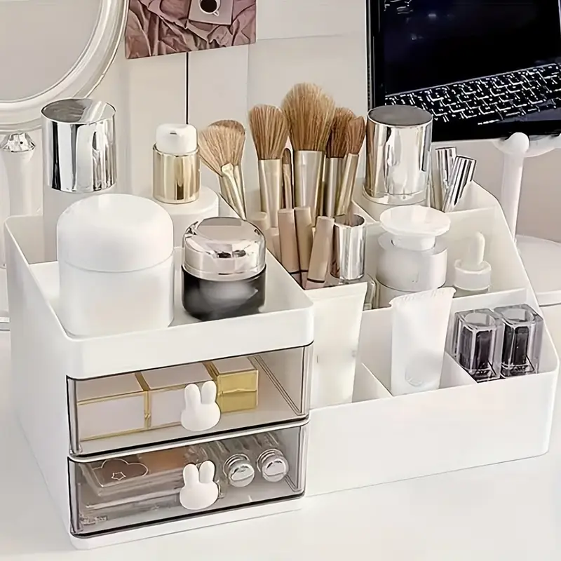 1pc white multi functional cosmetic organizer with drawers plastic makeup storage box for vanity bathroom or desk perfect gift for mom teacher or home decor organizes skincare brushes and more vanity accessory minimalist organizer makeup organizers storage Product details 0