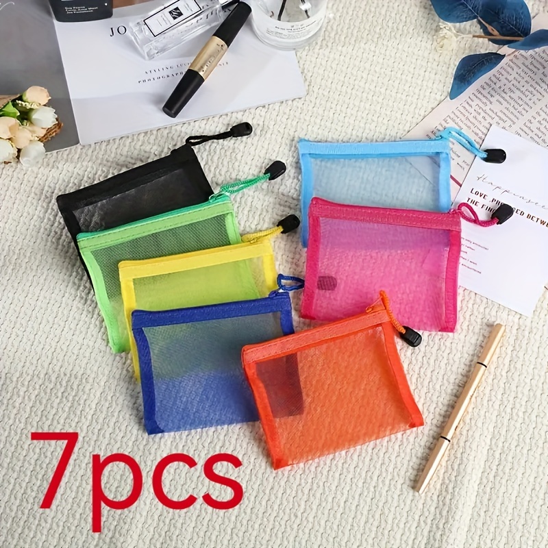 

7 Pcs Mini Polyester Mesh Zip Pouches - Casual With Lanyard, Lightweight With Zipper Closure & Single Handle Strap, Ideal For Travel, Toiletries, Cosmetics & Stationery - Machine Washable