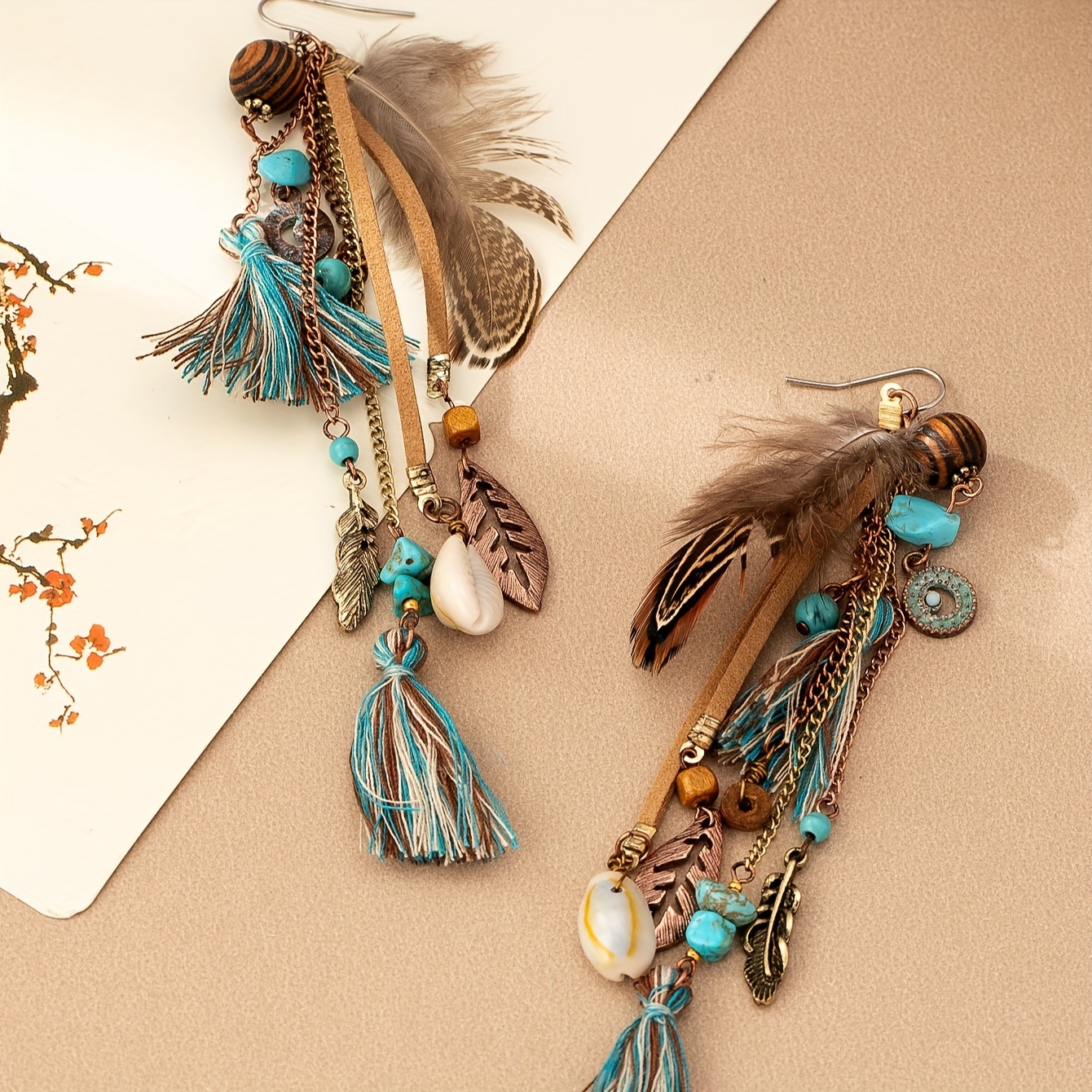 bohemian tribal princess vintage feather tassel earrings Temu