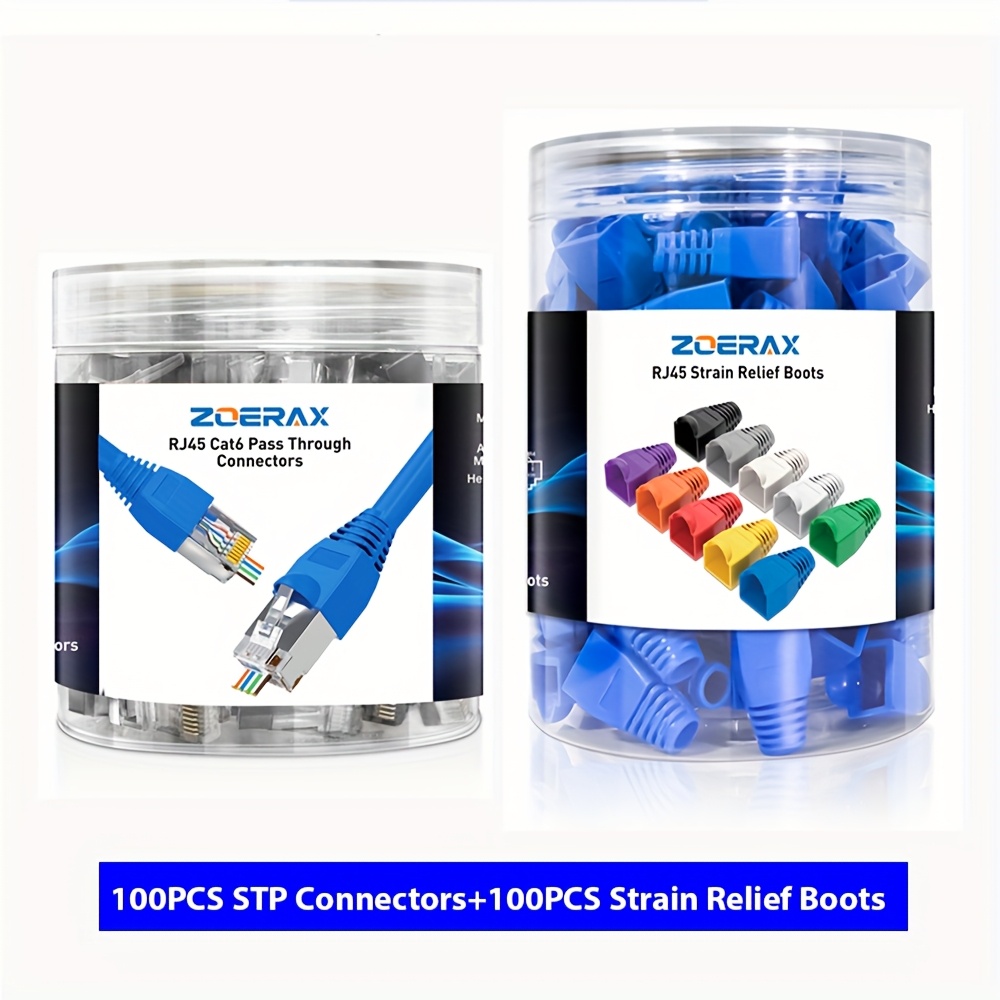 ZOERAX 100 RJ45 Cat6 Zaščiteni Prehodni Konektorji + 100 Zaščitnih Pokrovov za Omrežne Kable, Cat6 Omrežni Kristalni Konektor 8P8C za Omrežne