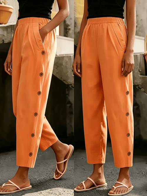 solid color multi button fashion casual ankle pants casual pants 0427