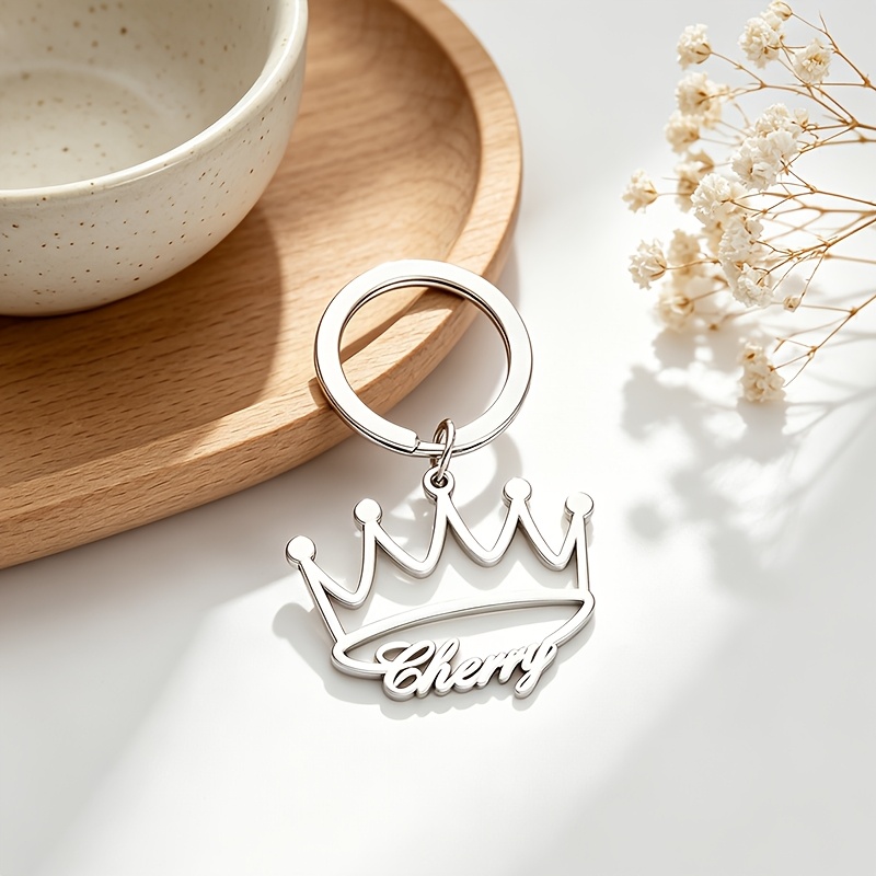 TEMU [customization] 1pc Women's Elegant Personalized Nameplate Keychain Custom Crown-shaped Keychain Couple Key Chain Stainless Steel Key Chain