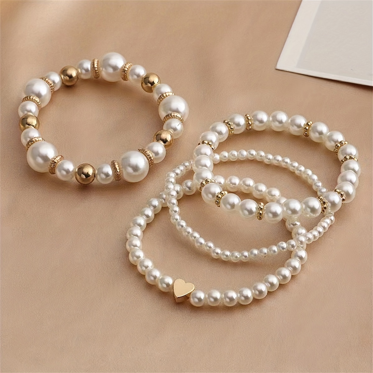 

4pc White Faux Pearls Beads Beaded Bracelet Set Design Stackable Hand String Jewelry