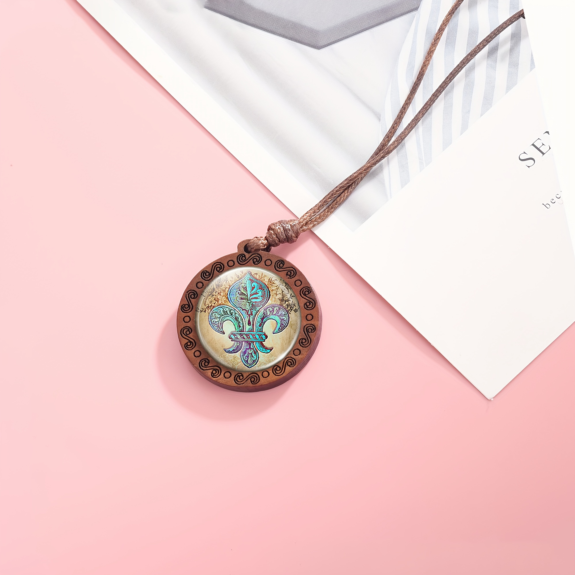 Handcrafted Wooden Round Badge Pendant Necklace, Unisex