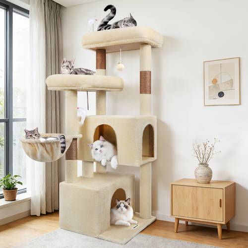 cat tree tower with scratching post for indoor cats 55inch tall plush multi level cat climbing tower condo house with hanging basket 2 cat caves 2 comfortable top platforms f55