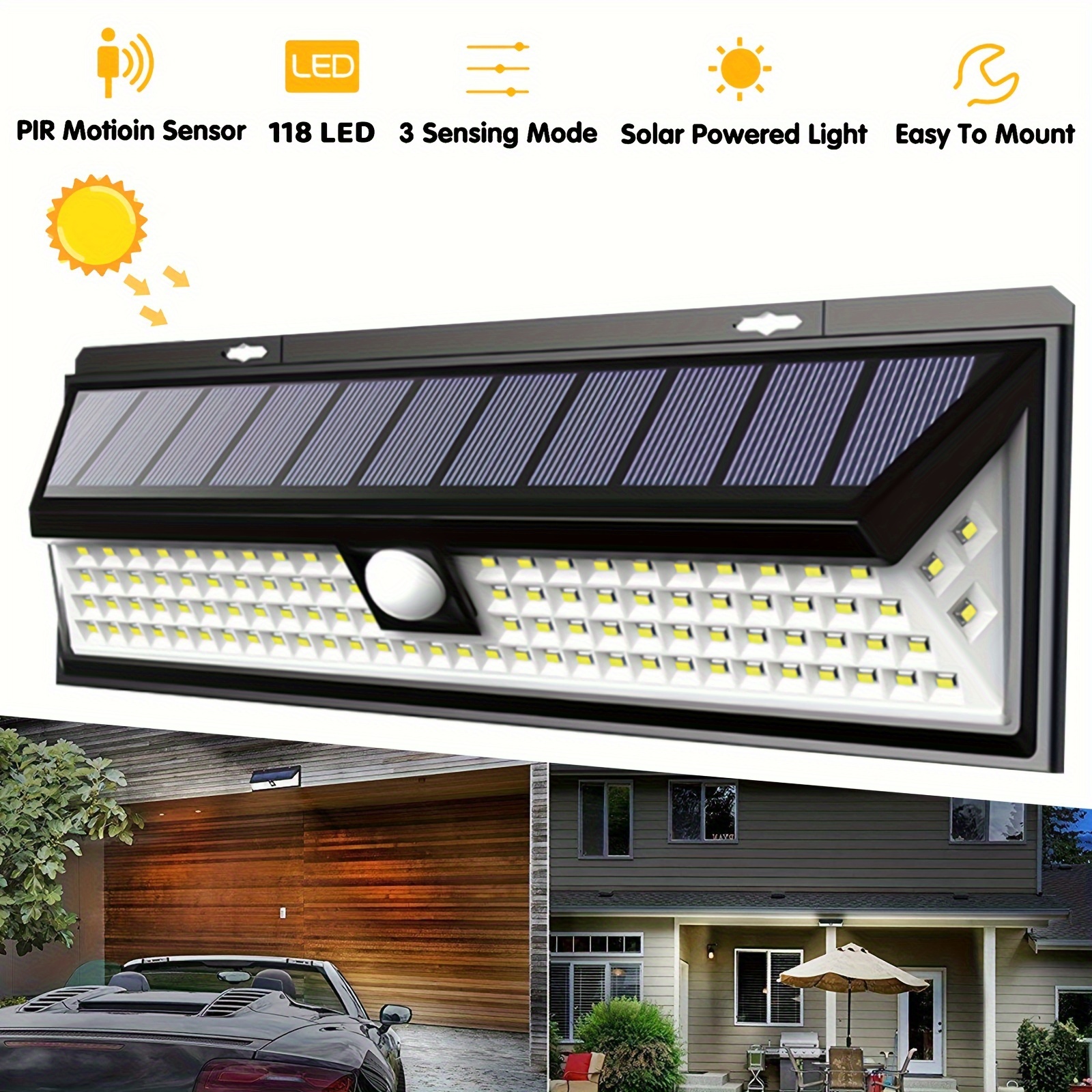 

Solar Wall Light Outdoor Motion Light 118led 3 Lighting Modes Light Sensor Motion Sensor Security Lights Induction Wireless Lights For Patio Yard Deck Garage Fence Pool