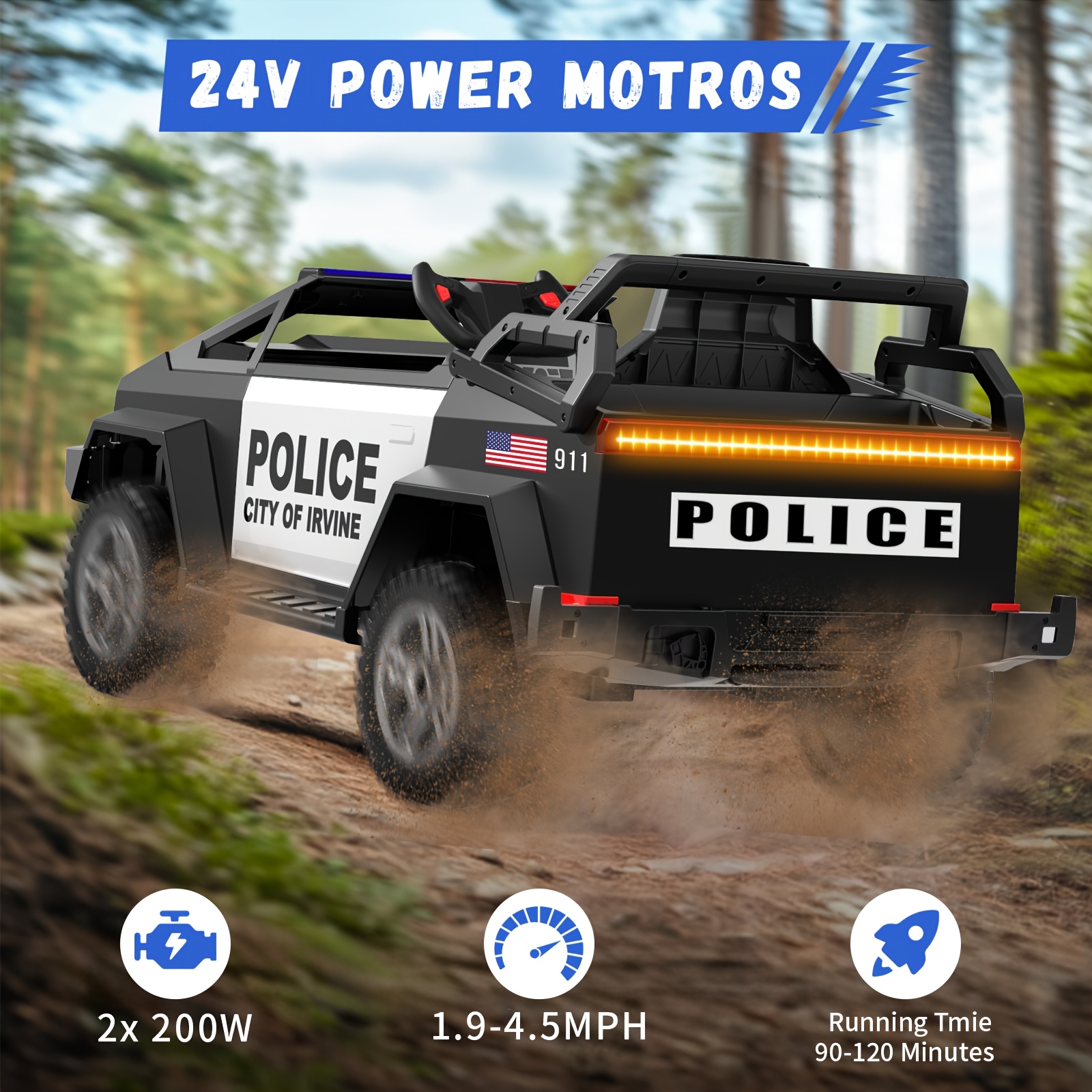 24V Youngsters' Remote-Controlled Police Car with Remote Control, Alarm, Flashing, Music, Spring Suspension, Suitable for 3-8-year-old Girls and Boys' Birthdays or Various Holiday Gifts