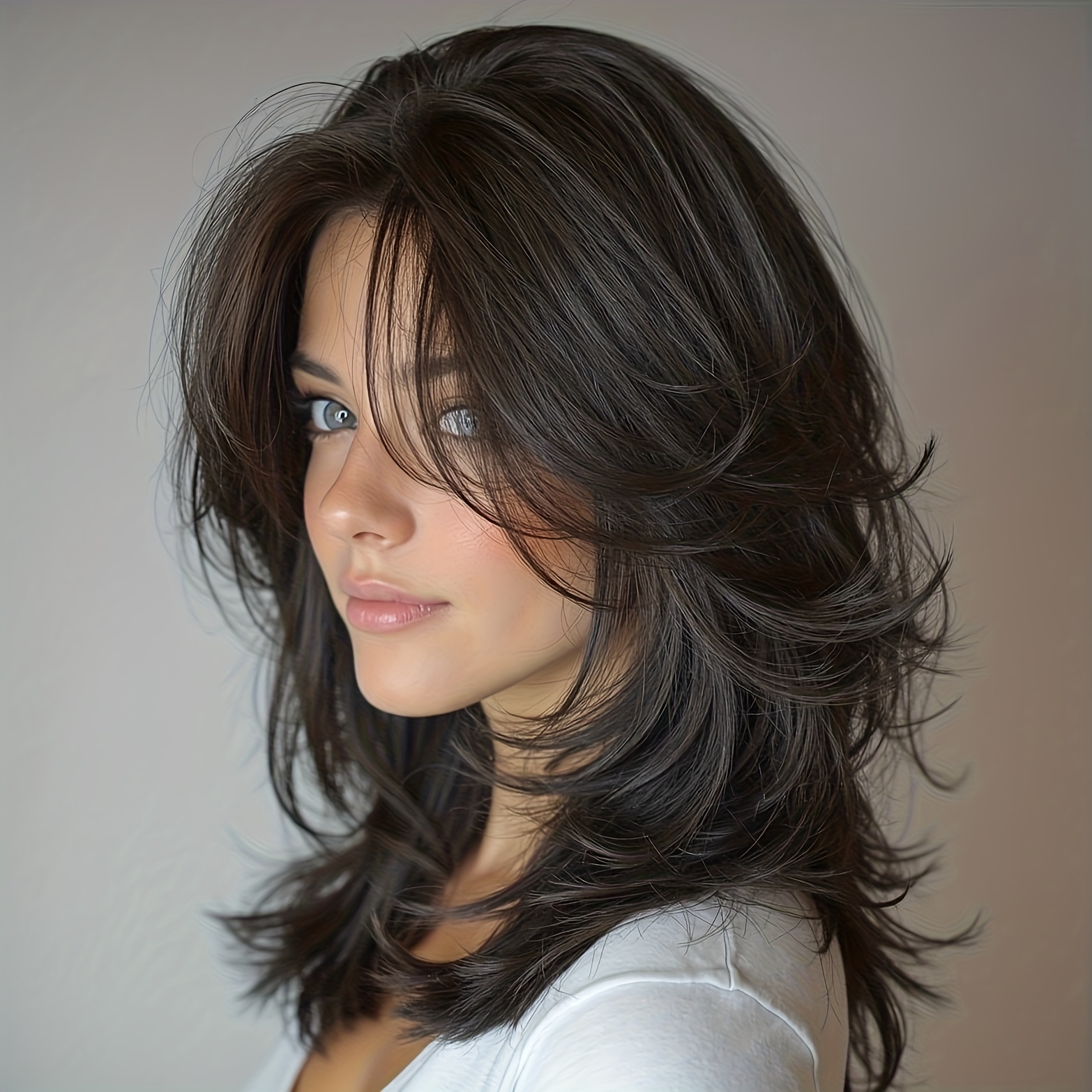 16in Black Bangs Middle Part Layered Curly Wig Machine Fiber Wig Matte High-temperature, Cap, Multi-functional Styling Suitable For , Role-playing Wig, Wig