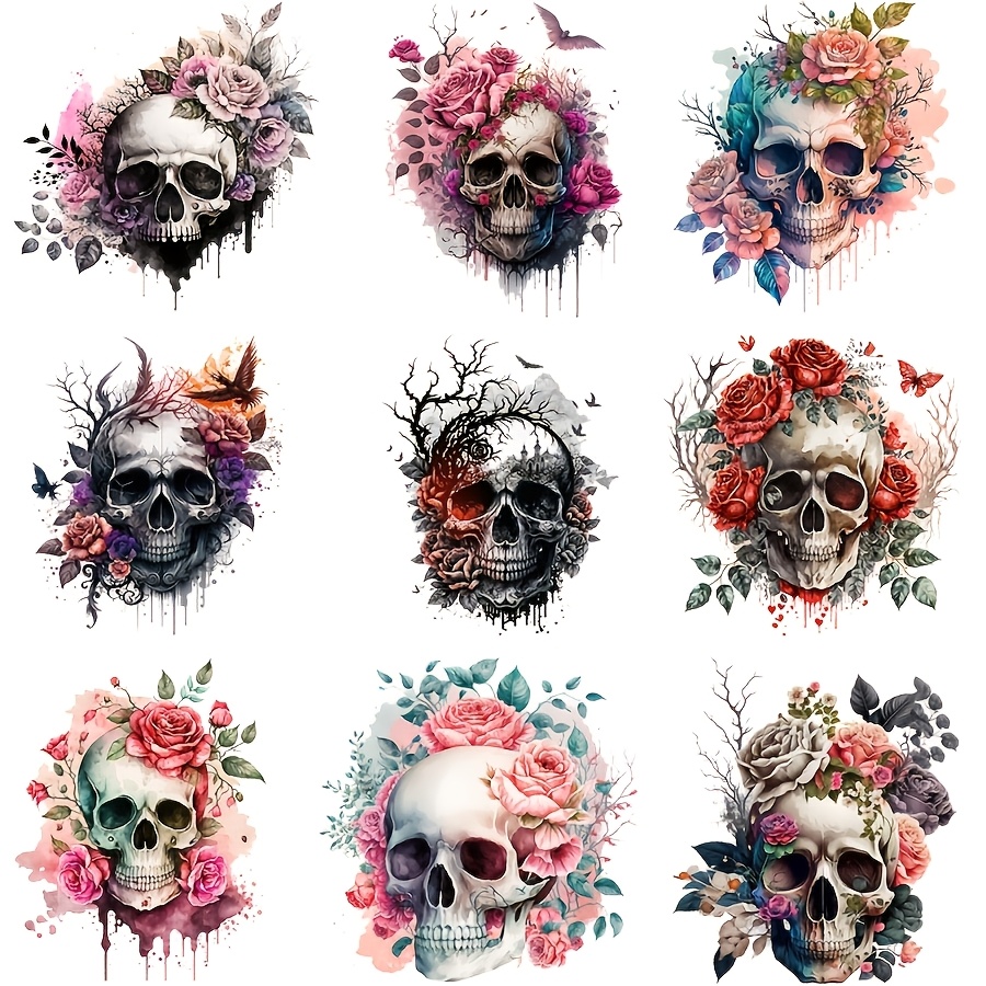 E-shop 9-teiliges Set Vintage Blumen-Schädel Bügelbilder - DIY Vinyl-Patches für T-Shirts, Sweatshirts & Stoffbasteln