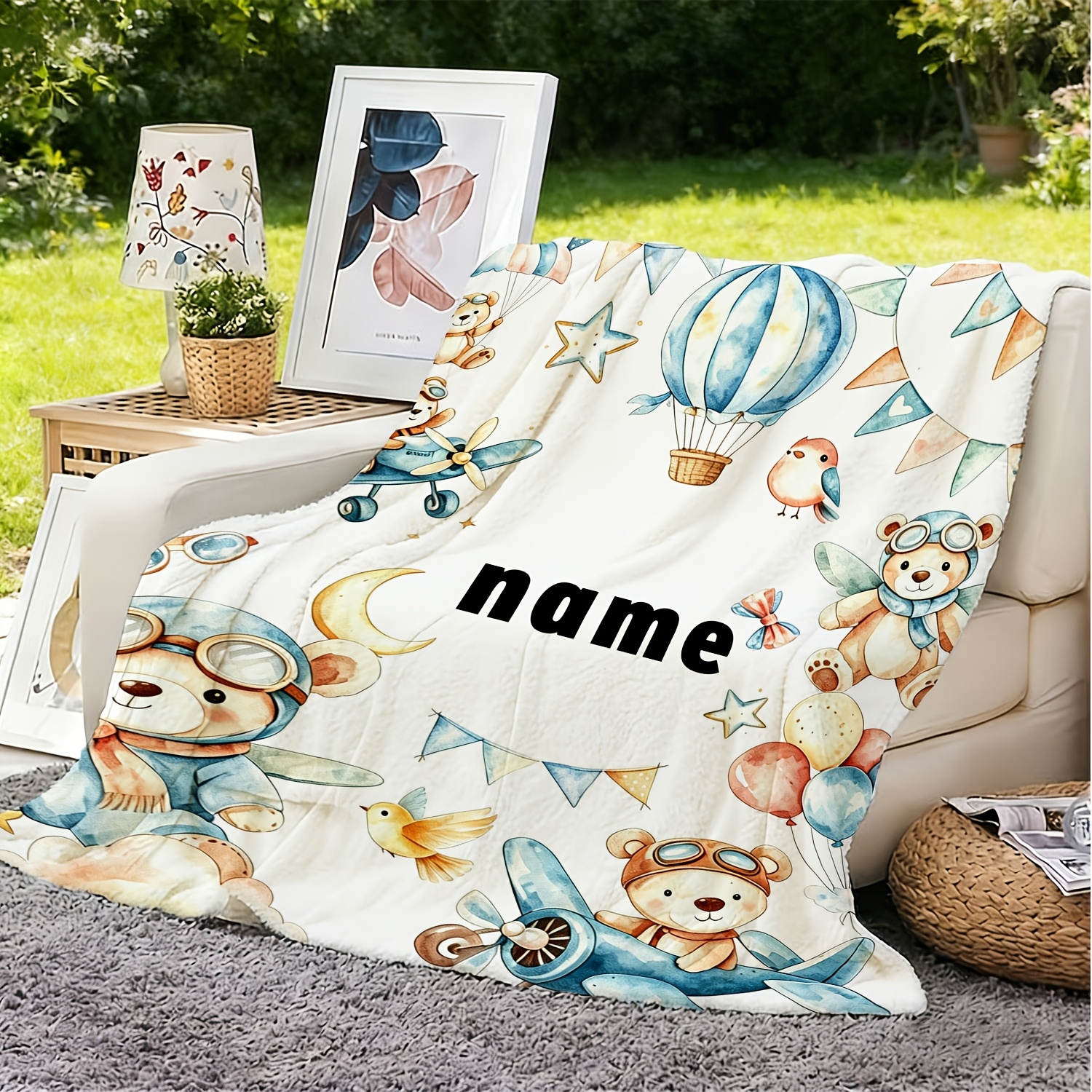 Pilot Bear Airplane Hot Air Balloon Customizable Name Blanket