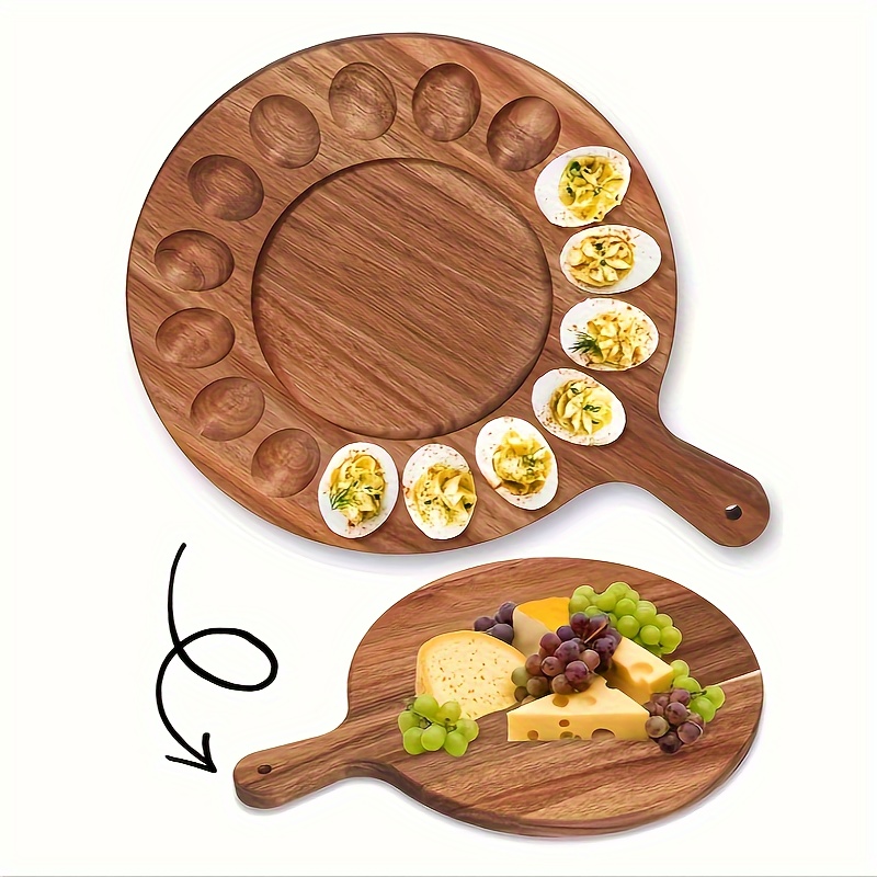 

1pc Versatile Wood Deviled Egg Platter With Handle, Reversible Deviled Egg Tray, Cutting Board Charcuterie Board Deviled Egg Container Acacia Egg Holder Serving Tray