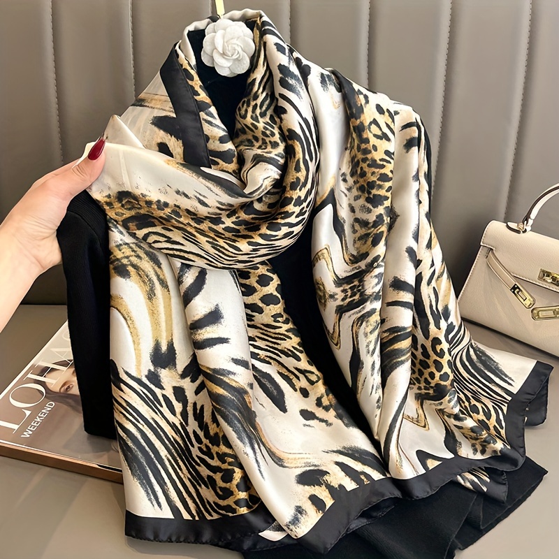 

Stylish Leopard Print Scarf Simulated Smooth Shawl Mature Style Sunscreen Travel Scarf For Women