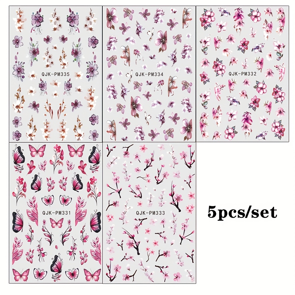 Image of A Set Of 5 Edition Red Floral Nail Stickers For Spring And Summer, Featuring Peach Branches, Five-petal Flowers, And Fairy Designs