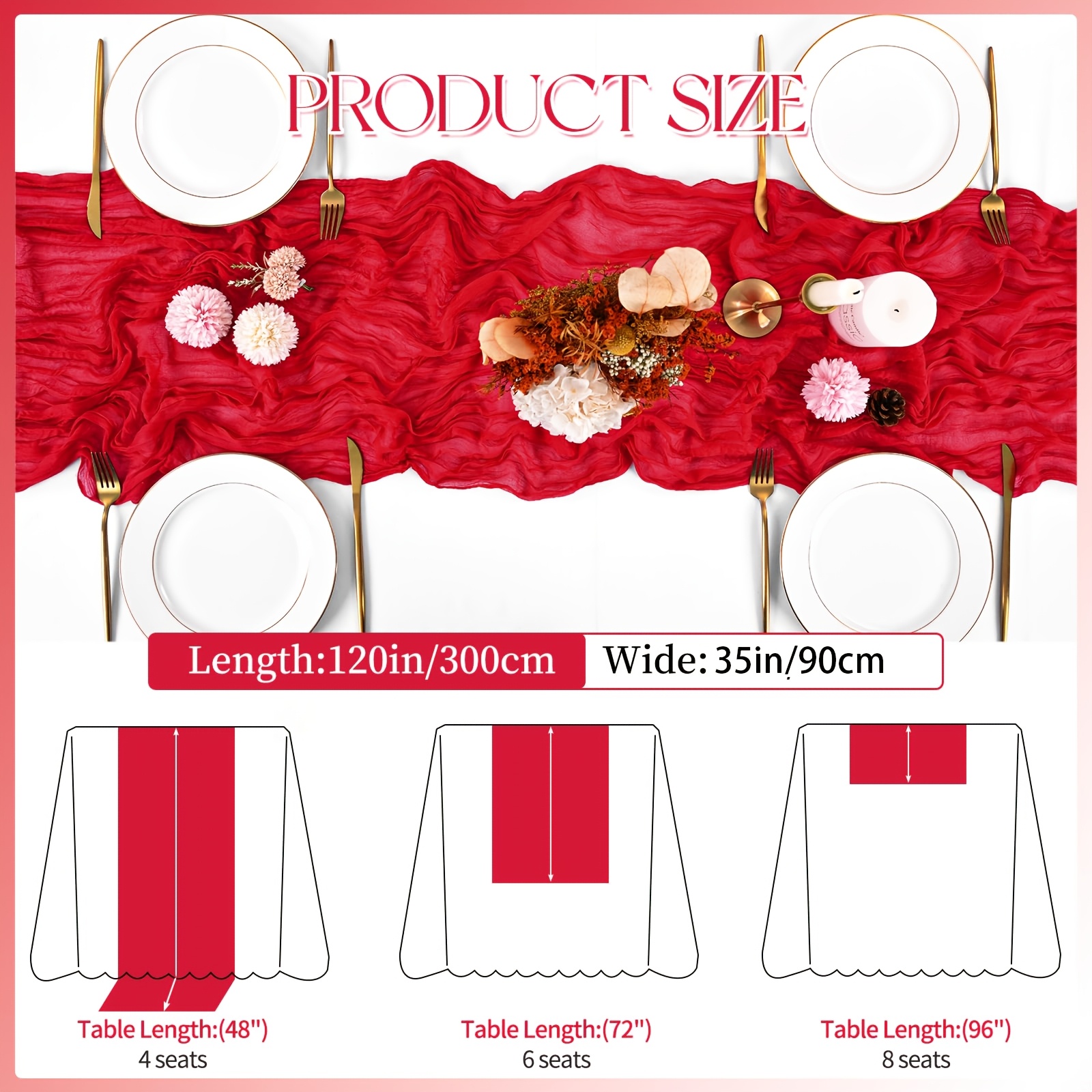 Image of 3pcs Red Cheesecloth Table Runner, 120 Inches () Spring Bohemian Rustic Sheer Tulle Cheesecloth Table Runner, Suitable For Weddings, Baby Showers, Birthday Parties, And Table Decor
