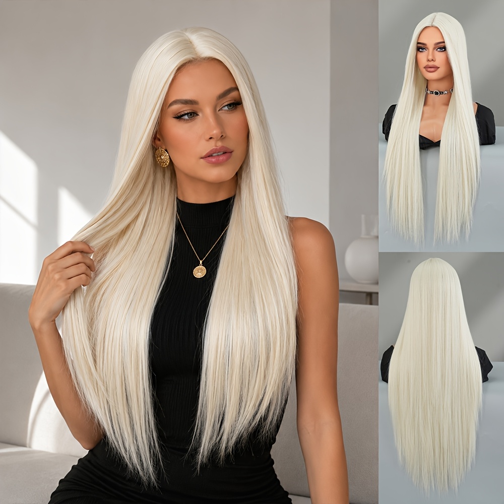 Halloween Wig Long Straight Middle Part Light Blonde Wig For Women Modest Fashion Y2k Wigs High Density Synthetic Heat-resistant Fiber Fake Hair