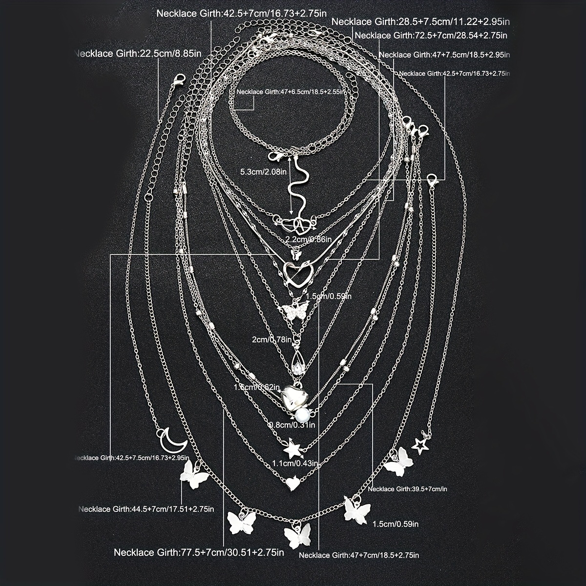 11pcs Heart Snake Butterfly Pendant Necklace Set for Women's