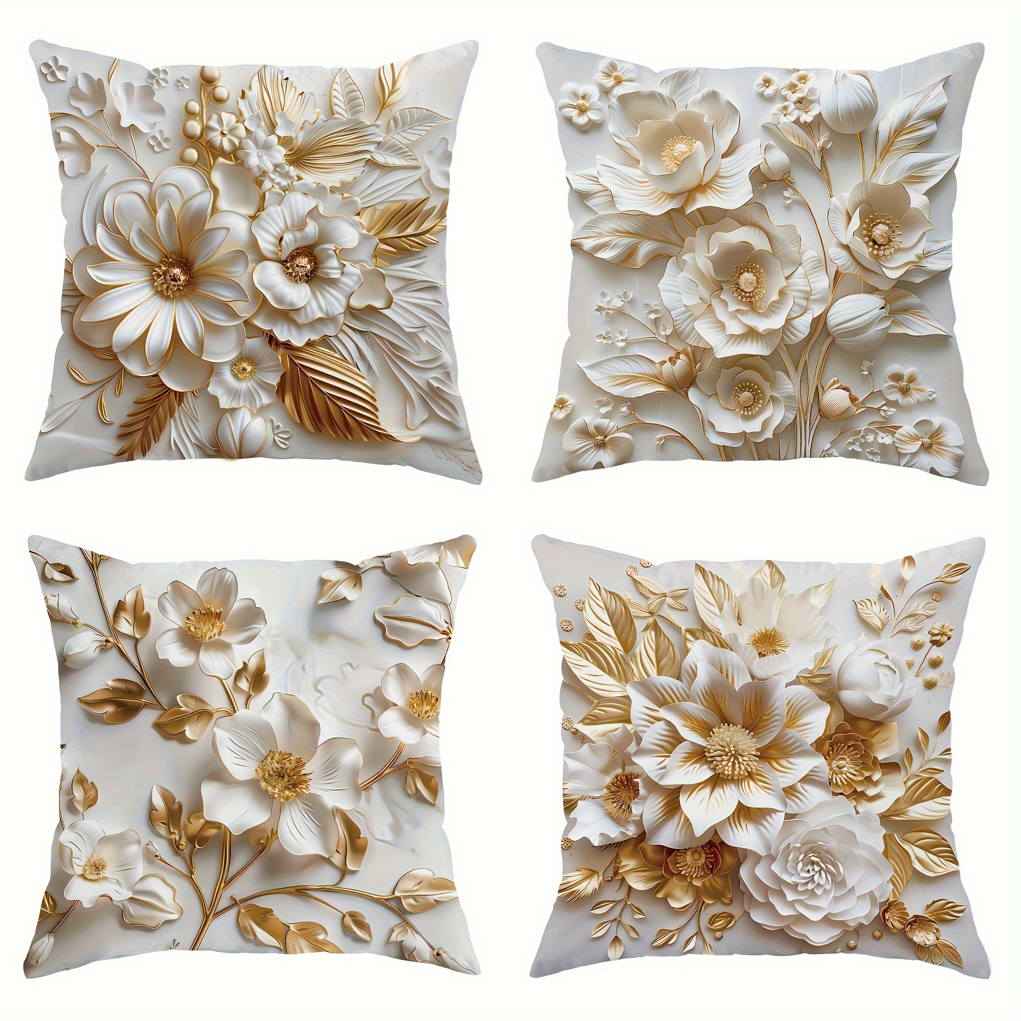 

Luxurious White Gilded 3d Floral Decorative Pillow Covers, Contemporary Style, Zip Closure, Machine Washable, Polyester, Perfect For Living Room And Bedroom Sofa Decor, 18x18 Inches - Set Of 4