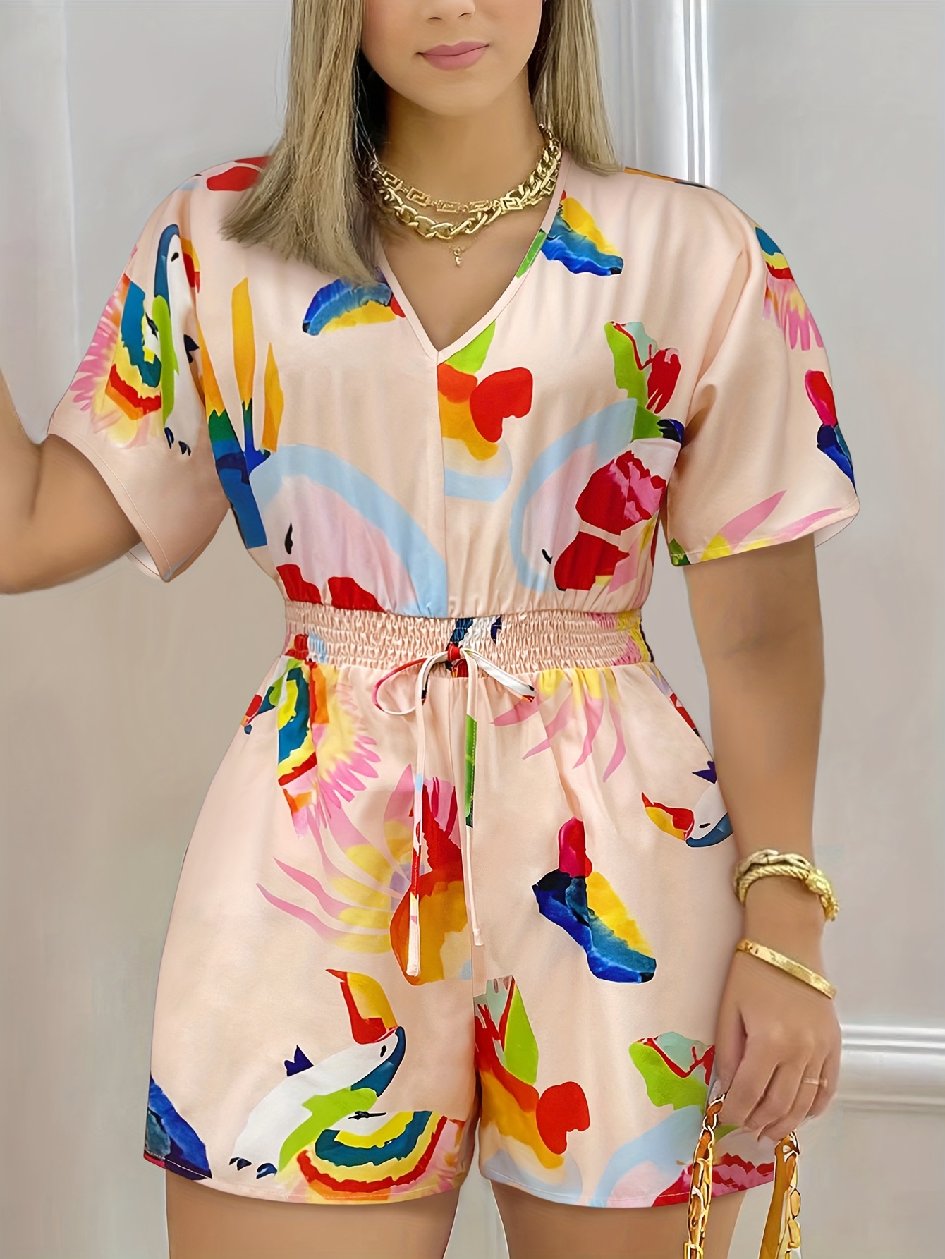 Floral Print V Neck Romper, Elegant Short Sleeve Shirred Waist Jumpsuit For  Spring Summer, Women's Clothing