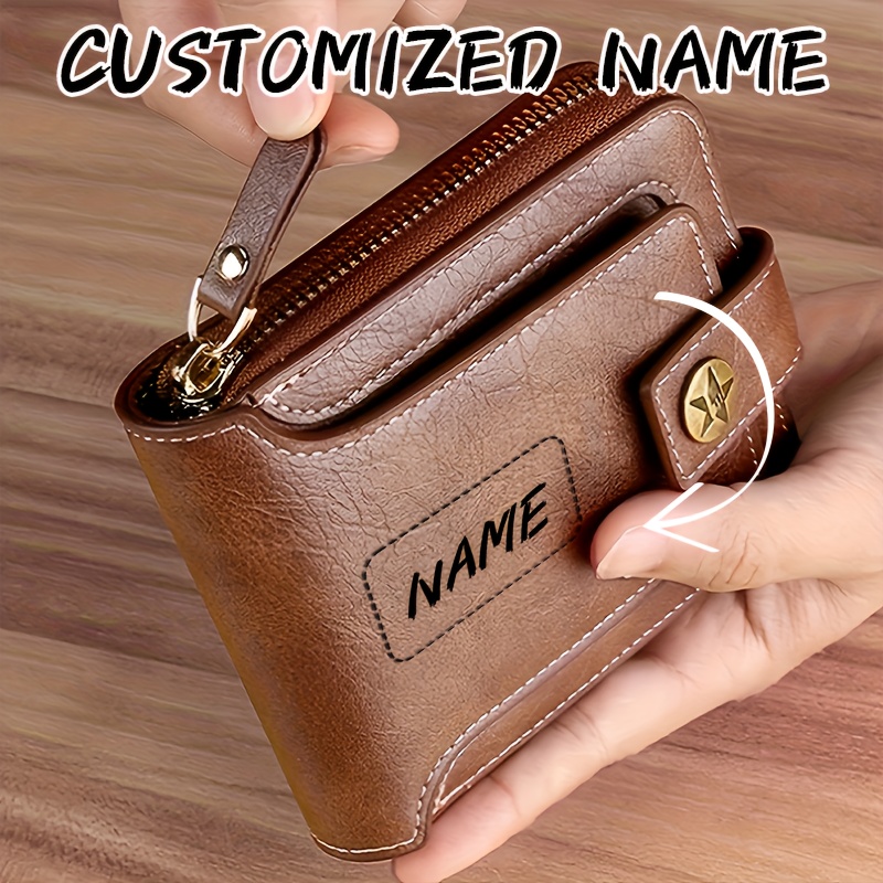 TEMU A Personalized Men's Pu Wallet With Custom Name, Compact Zippered Credit Card Holder And Coin Purse, Creative Personalized Gift Idea, Daily