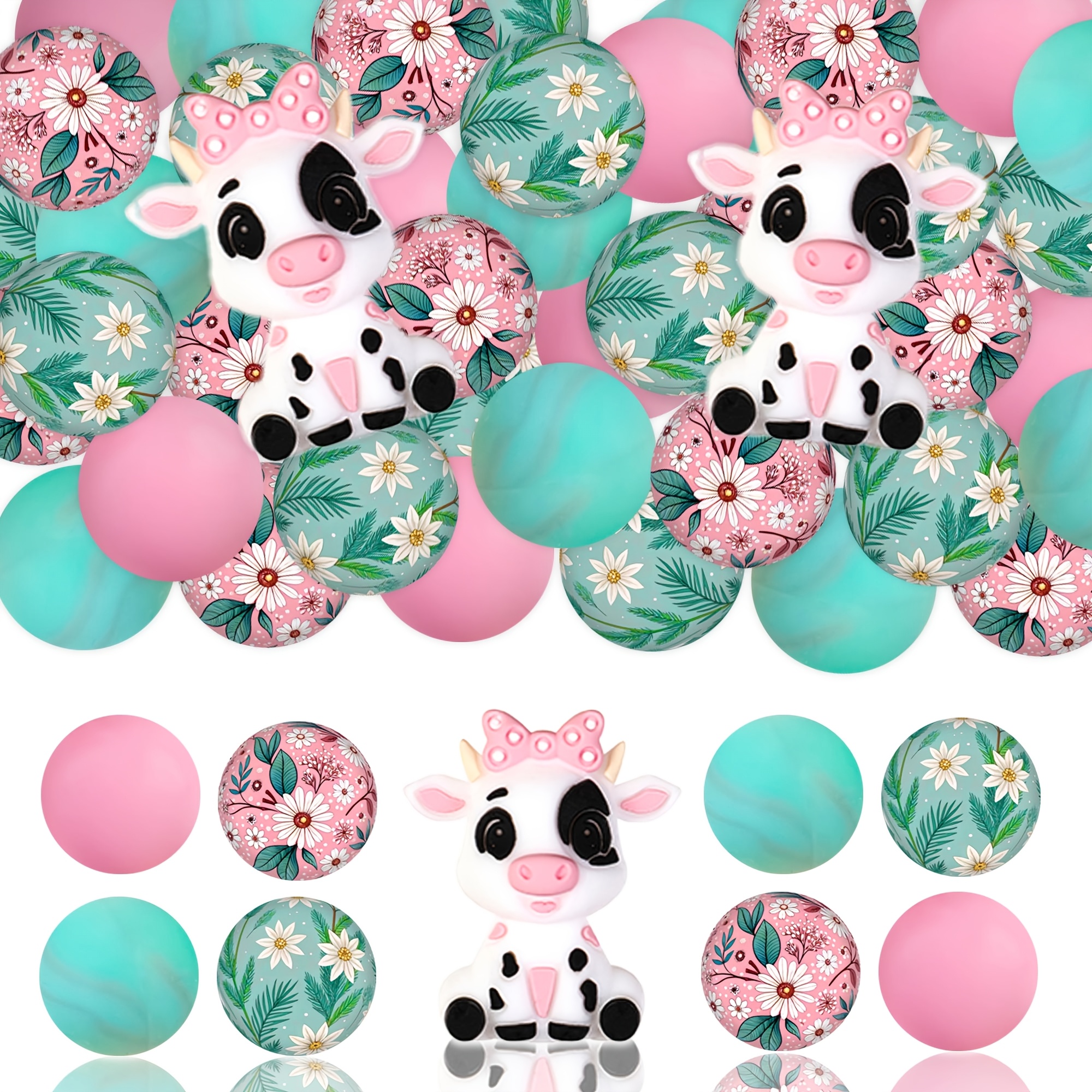 TEMU 24pcs 3d Bow Cow Silicone Bead Set, Cow Shape, Includes 15mm Print Round Beads, Flower Print Round Beads, Black, White, And Pink Bead