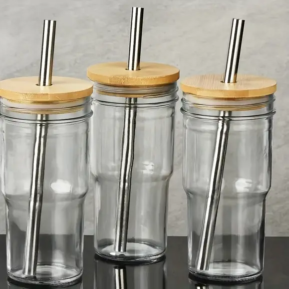 4pcs of 24 ounce glass cups with lids and straws cute cups drinking can set reusable glass water cups for making cold boiled juice mothers day gift christmas gift with with two cup brushes Product details 7