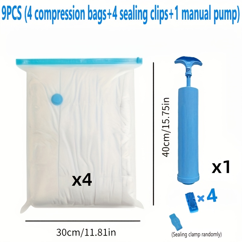 TEMU 9pcs - Includes [4pcs Compression Bags And 4pcs Sealing Clips And 1pc Manual Pump] - Space-saving Compression System, Small Size Suitable For