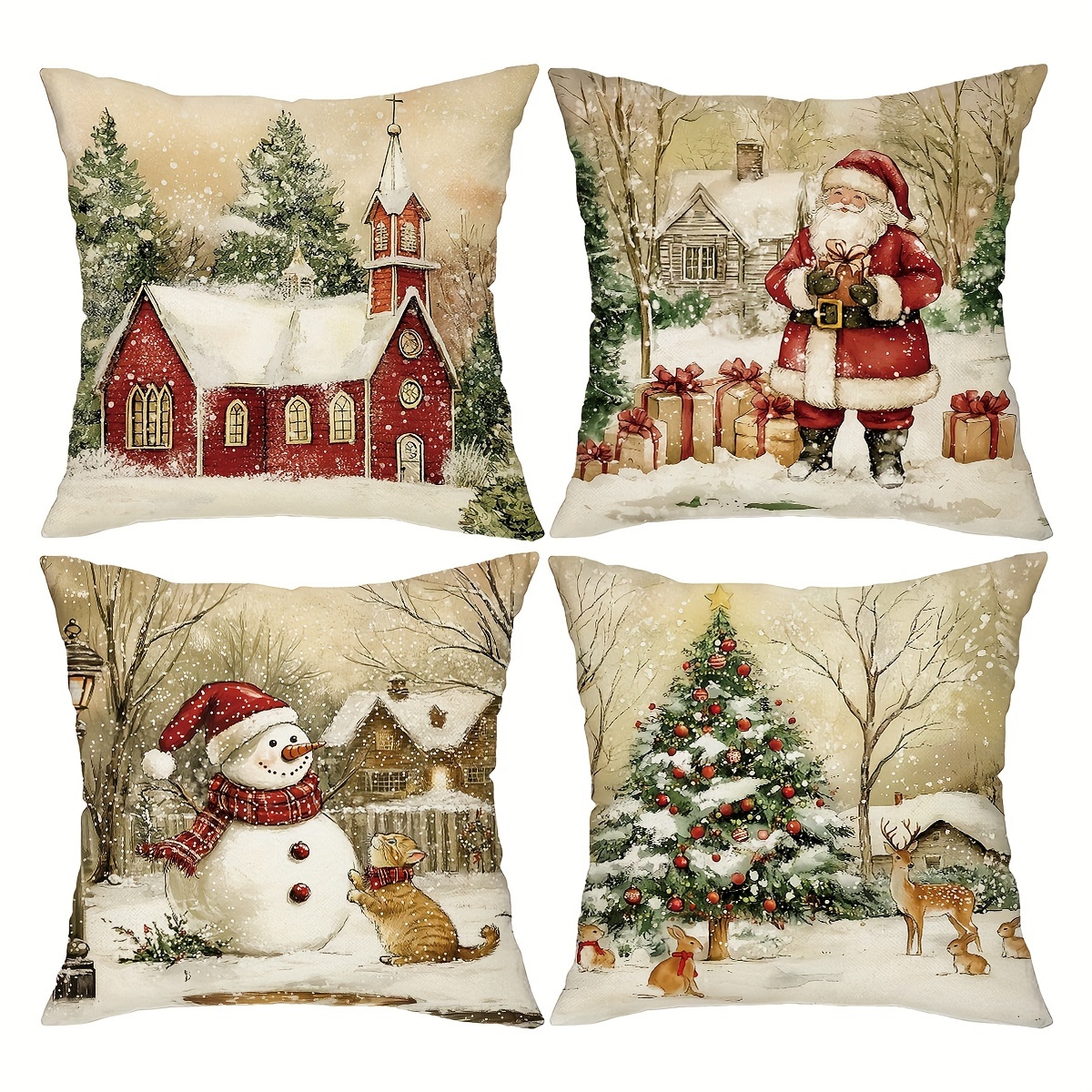 Image of Set Of 4, Retro Christmas Pillow Cases, Rustic Santa And Snowman Decorative Cushion Covers, 18x18 Inches, Decor For Home, Suitable For Couch, Sofa, Living Room, And Bedroom, Excludes Pillow Inserts