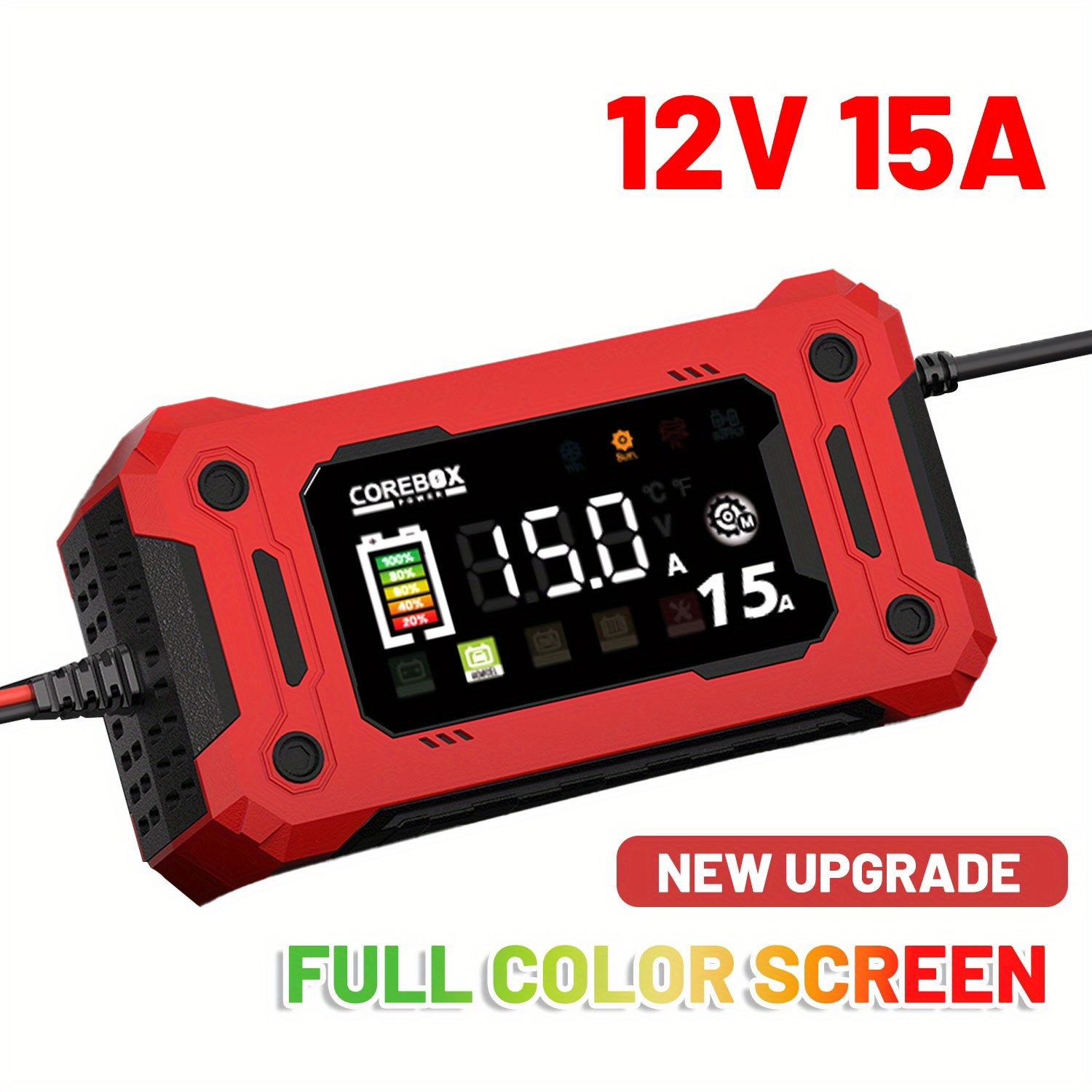 TEMU Corebox Us Plug 12v15a Portable Battery Charger, Colorful Digital Display Smart Battery Charger, Automotive Tools, For Cars, Motorcycle, Trucks,