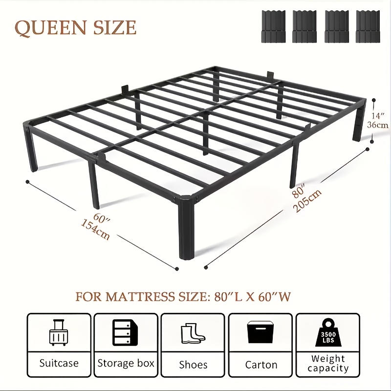 TEMU 14-inch Metal Bed, Twin/full/queen/king Size, Upgraded Thickened Fan-shaped Round Leg Design, With 4 Mattress , Large Storage Space Below For