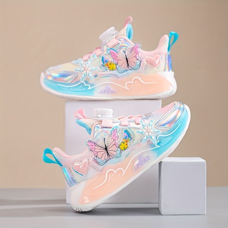 Girls' Fashion Pink Cartoon Butterfly Casual Sports Shoes | Cute Style with Rotary Buckle, Low Top Design, Upper, TPR Sole