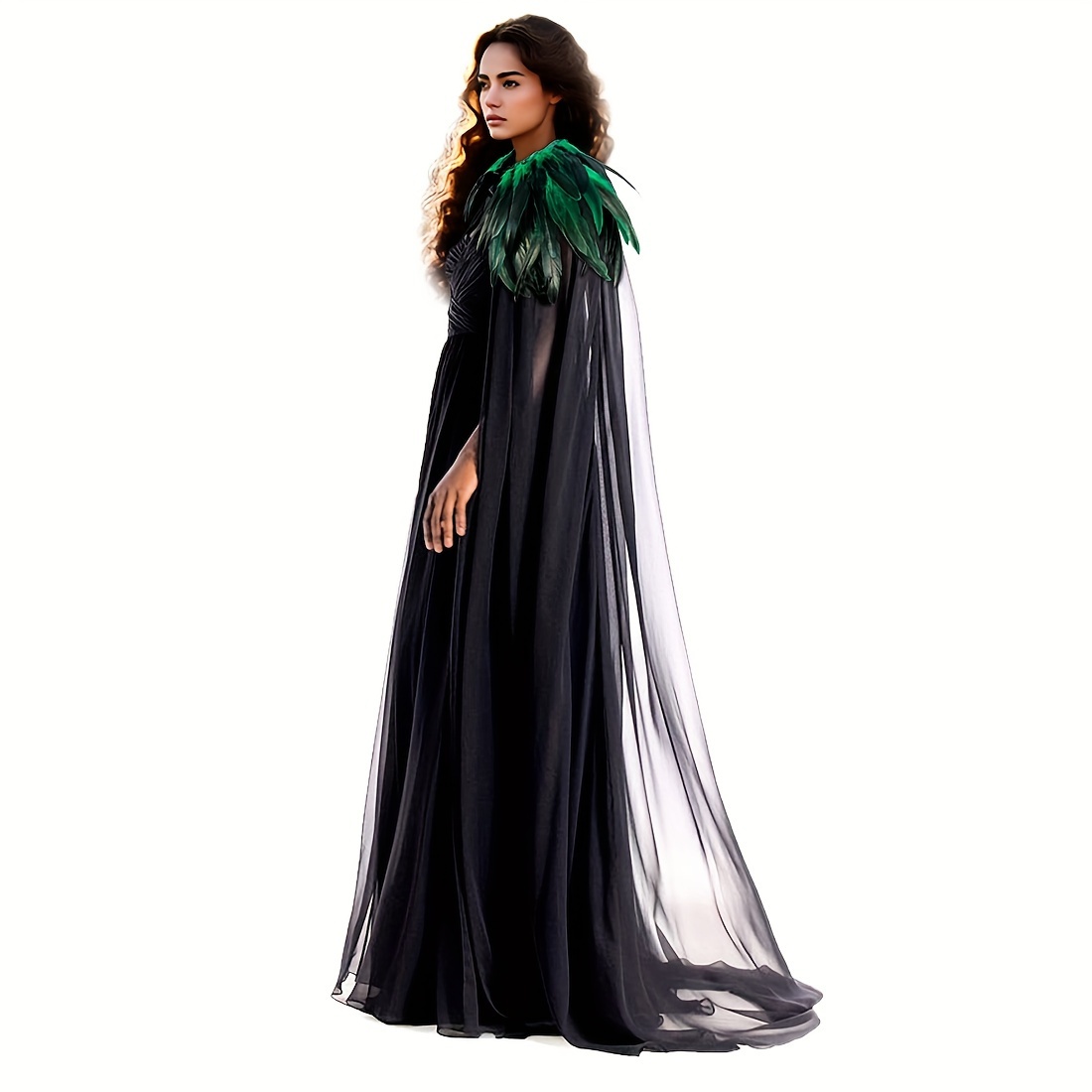 L'VOW Evil Queen Witch Costume - Halloween Cosplay with Feathered Cape, Long Robe & Shawl - Funky Polyester Masquerade Outfit, L'VOW details 13