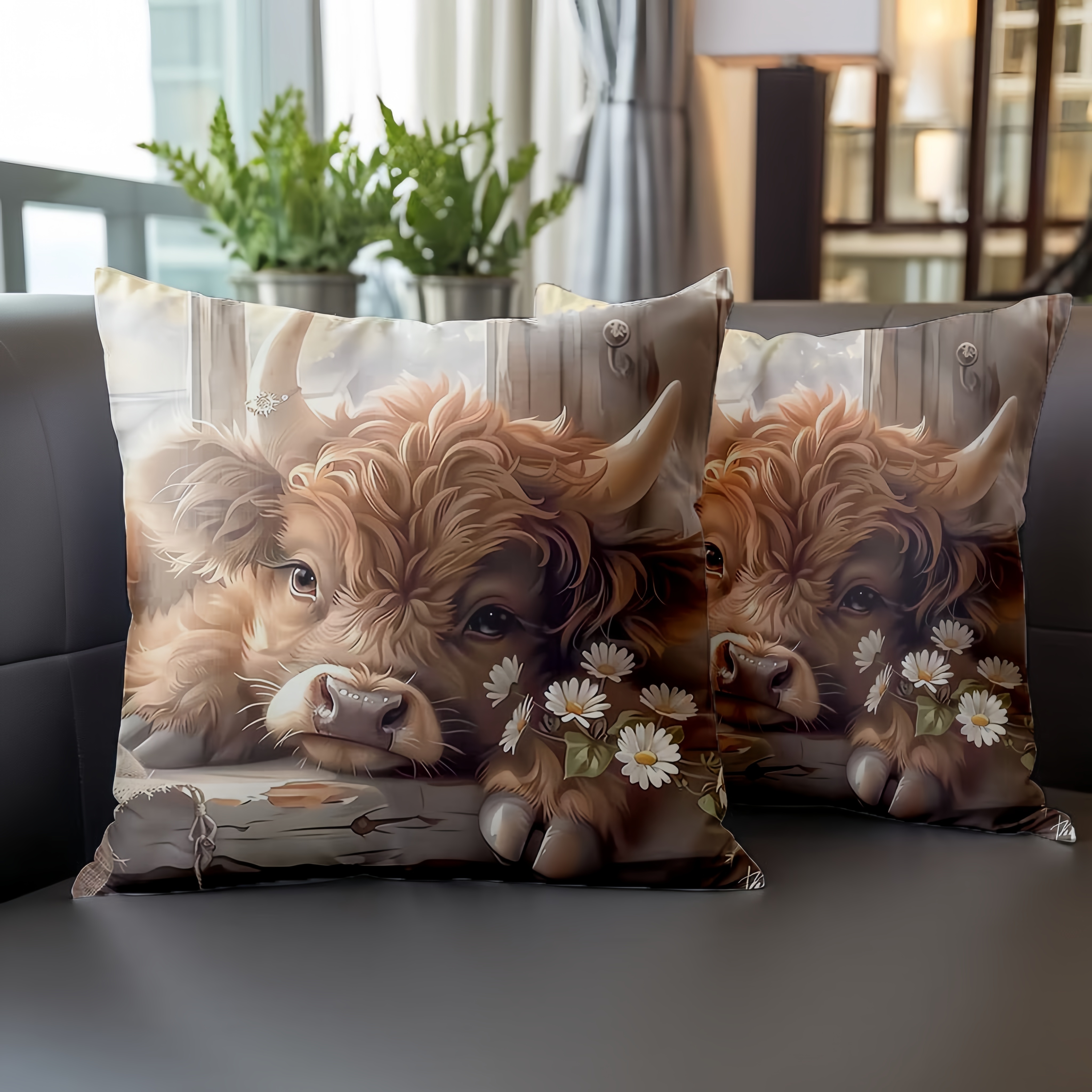 

2pcs Highland Cow Throw Pillow Covers, 18x18 Inch, Animal Theme, Contemporary Style, Polyester, Zippered, Machine Washable, Decorative Cushion Cases For Living Room Sofa And Bedroom Decor