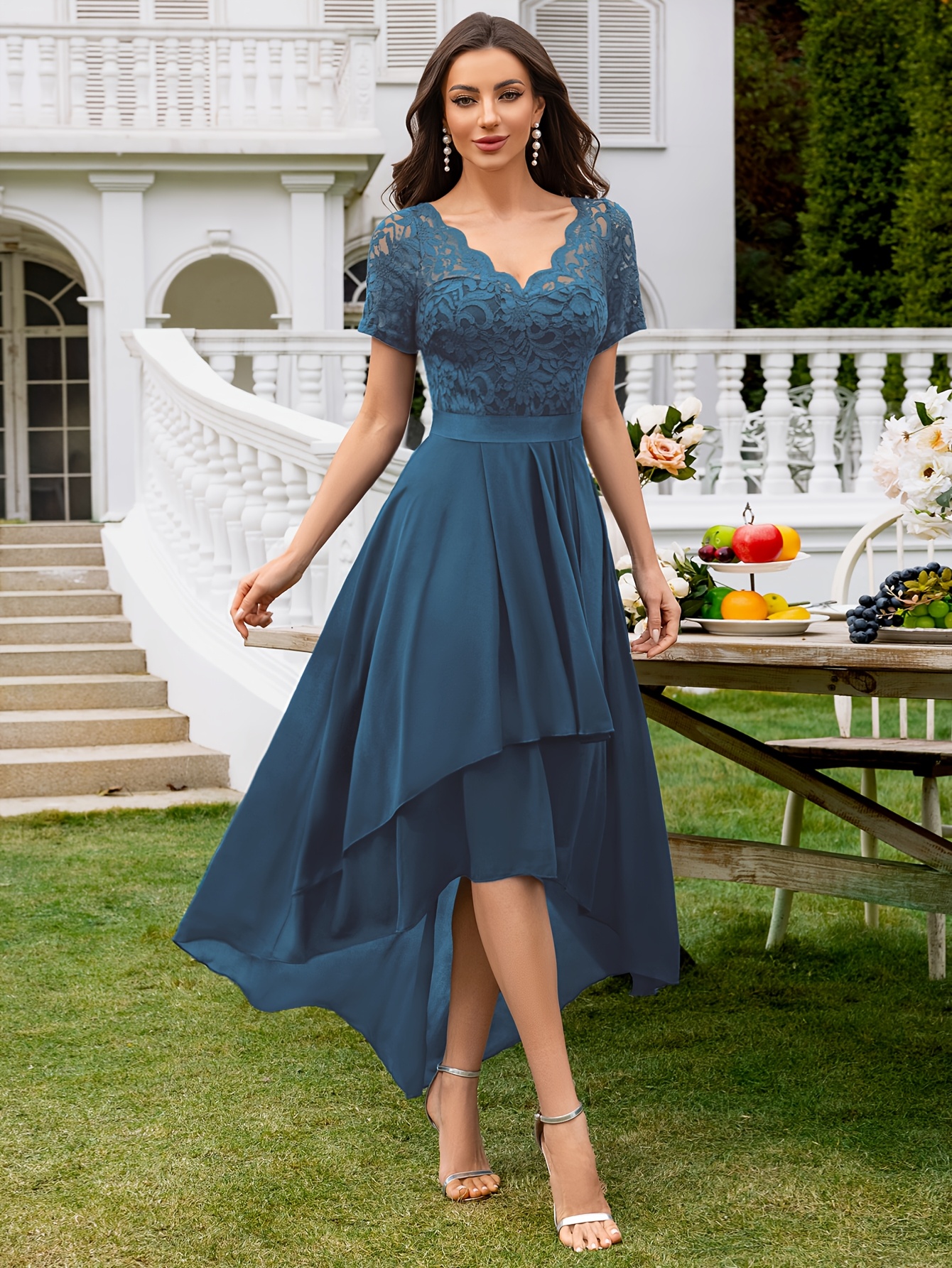 Vestido Acampanado Vestido De Encaje Manga Corta Vestido De Novia