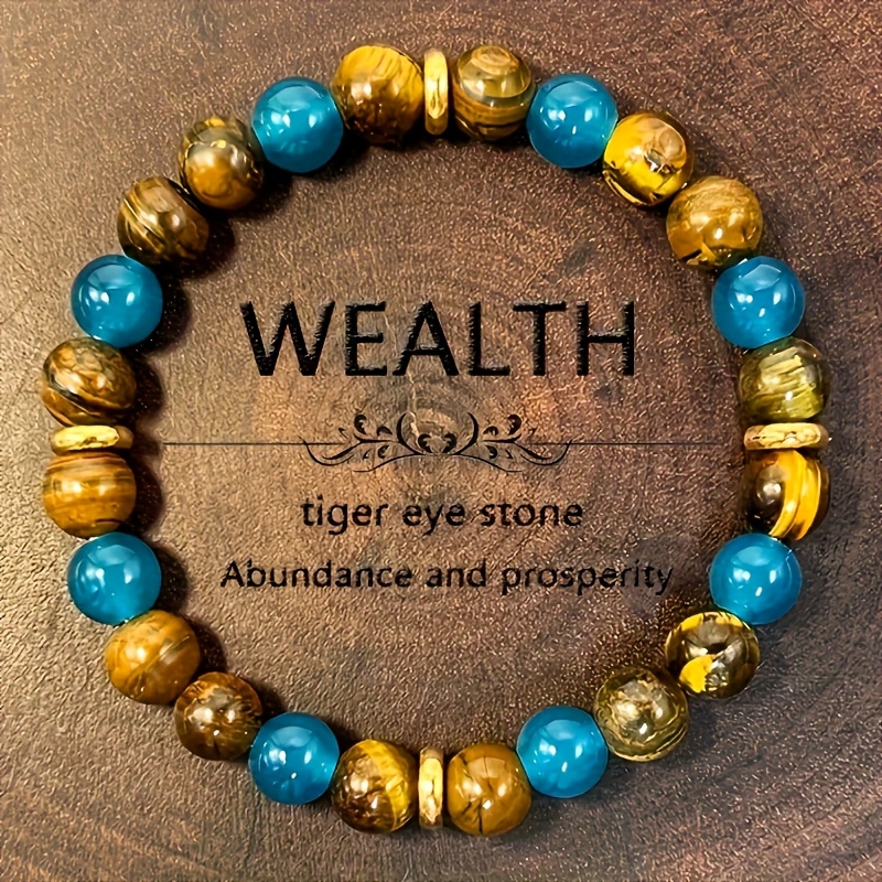 E-shop 1 Stück 8mm Natürlicher Tigerauge Steinperlen Herren Bohemian Armband - Blau-Goldenes Marmormuster für Schutz, Symbol für Verantwortung, Fülle