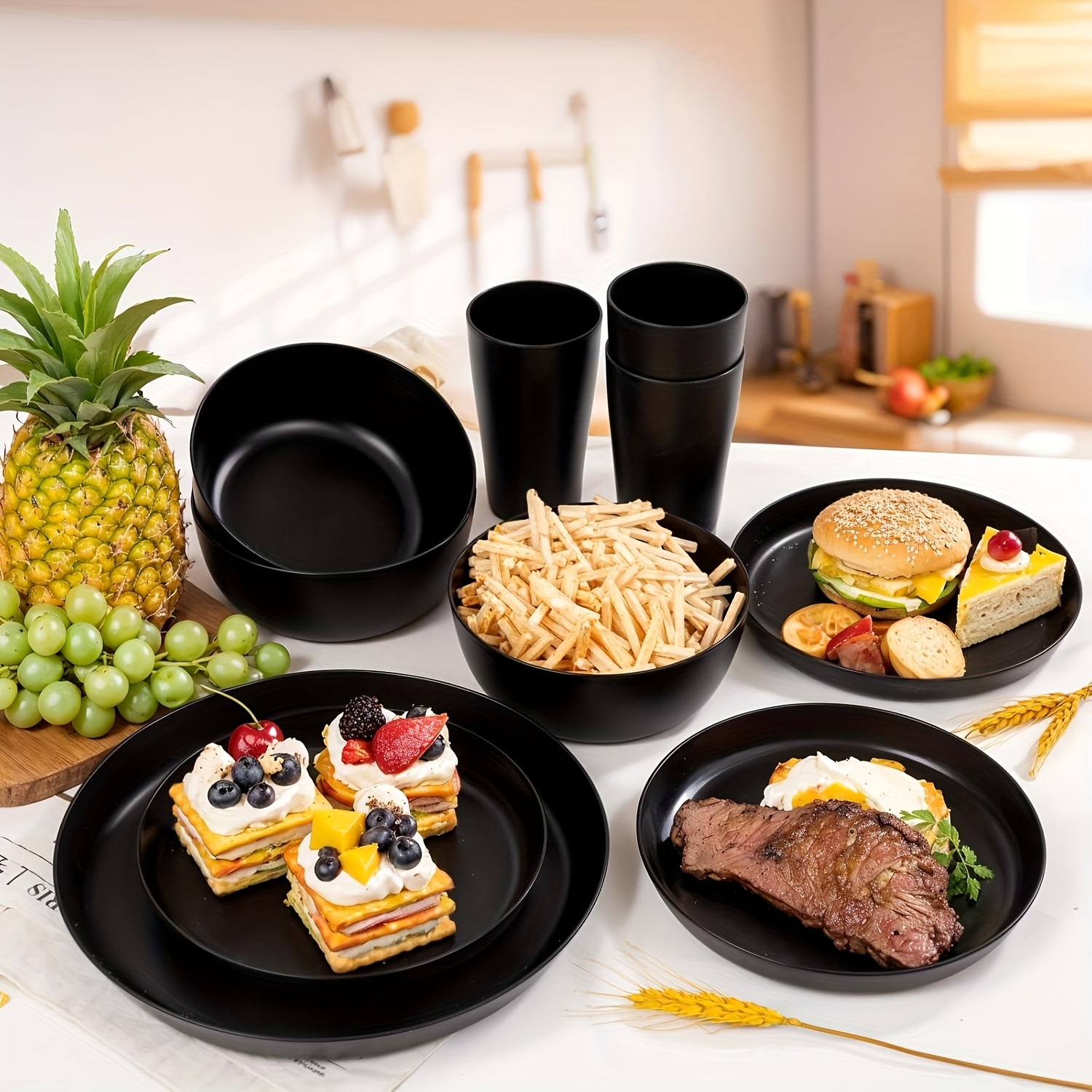 Set of Black Wheat Straw Tableware, Featuring Integrated Plates And Bowls, Suitable for Microwave And Dishwasher Use, Perfect for a Valentine'S Day Party