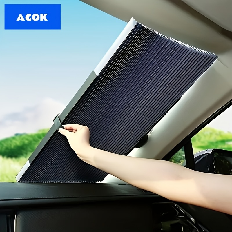 TEMU 1pc Car Automatic Retractable Folding Sunshade- Uv Resistant, Heat Insulation Shade Curtain, Easy To Stick And Install, Aluminum Material, Ideal