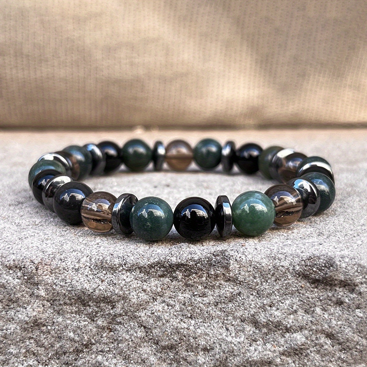 TEMU Natural Moss Agate, Smoky Quartz & Obsidian Bracelet, Handmade 8mm Natural Stone Beaded Bracelet, Vintage Boho Jewelry For , Fashion Daily Wear