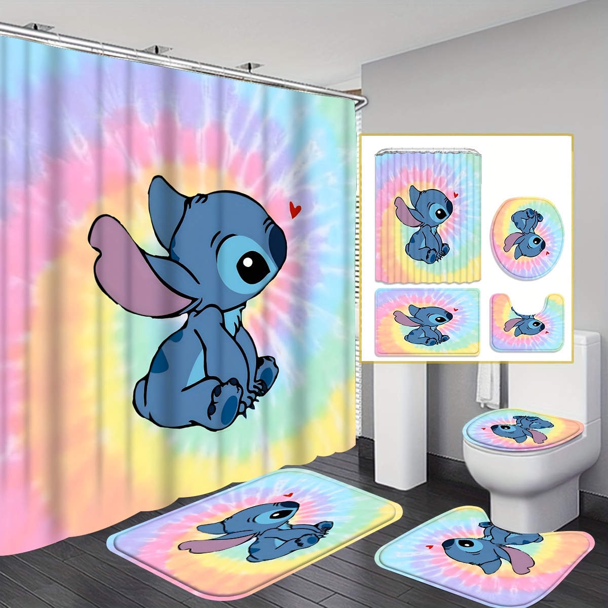 

Disney Stitch 4-piece Shower Curtain Set - Waterproof, Includes Non-slip Bath Mat & U-shaped Toilet Rug With Hooks - Perfect For Bathroom Decor