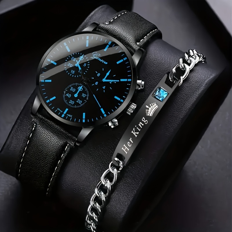 

2 Pcs Wrist Watches Pu Leather Strap Zinc Alloy Pointer Quartz Watch And Bracelet Set For Men