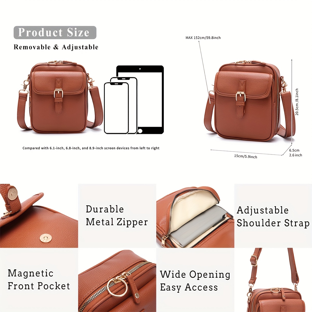 vintage synthetic faux leather crossbody bag for women and men rfid protection solid color removable strap zipper closure polyester lined shoulder purse with card slots small messenger bag Product details 2