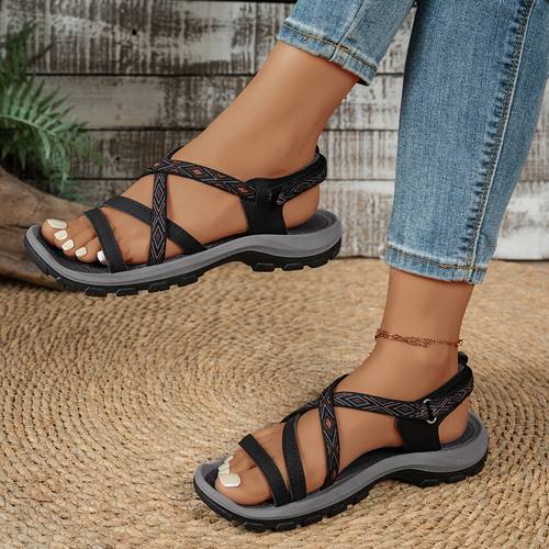 immagine dell'articolo sandali sportivi casual da donna, cinturini intrecciati elastici, antiscivolo, scarpe da spiaggia estive per esterni, scarpe da donna