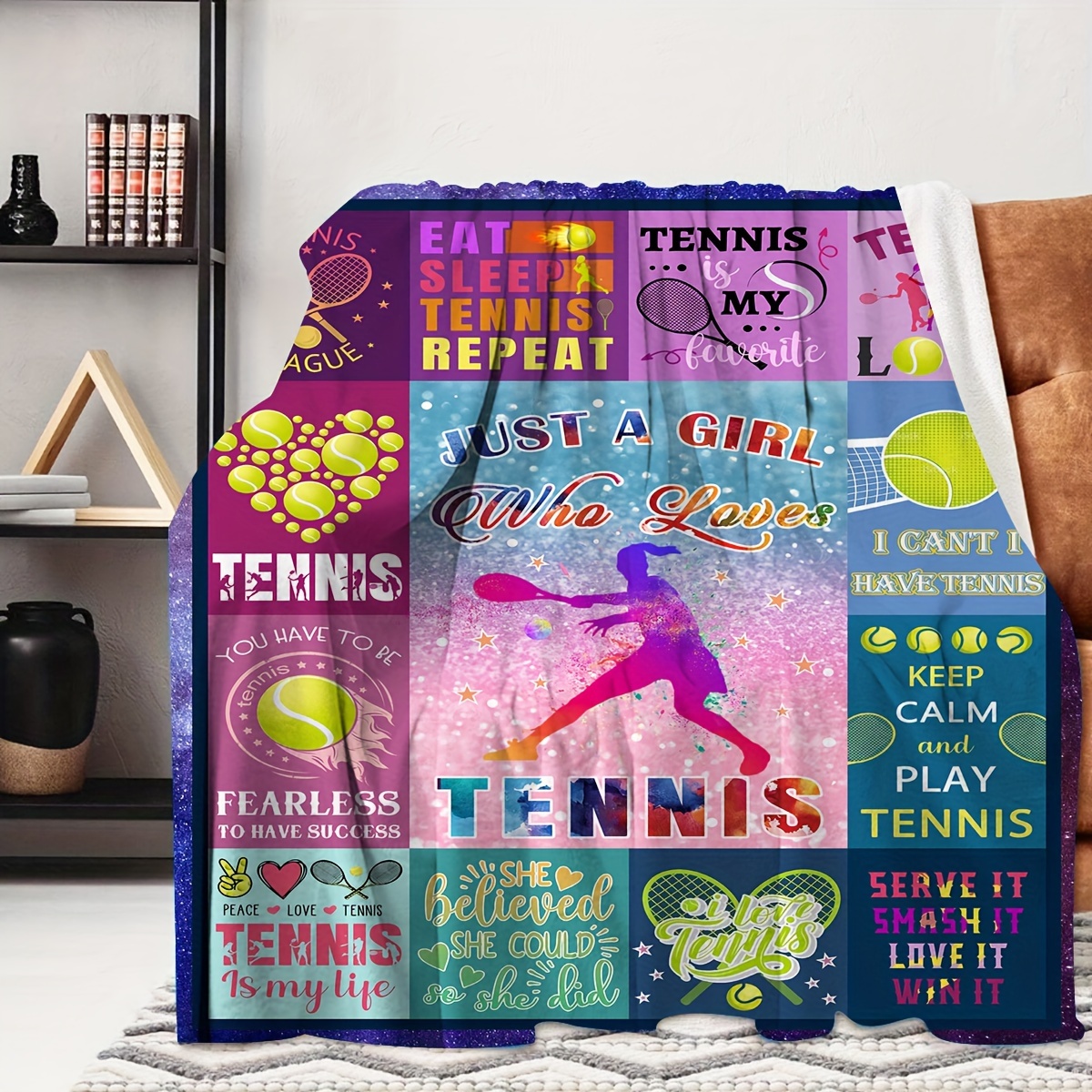 

Tennis Theme Flannel Throw Blanket - Contemporary Style Digital Print, All-season Cozy Knitted Wrap For Couch, Travel, Camping, Home Office Decor, Machine Washable, Perfect Gift For Tennis Lovers