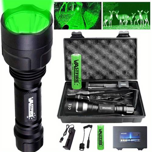 powerful 400 yards long flashlight red green white high powered hunting light with built in rechargeable 18650 battery and pressure switch perfect gift box for running hunting camping and hiking