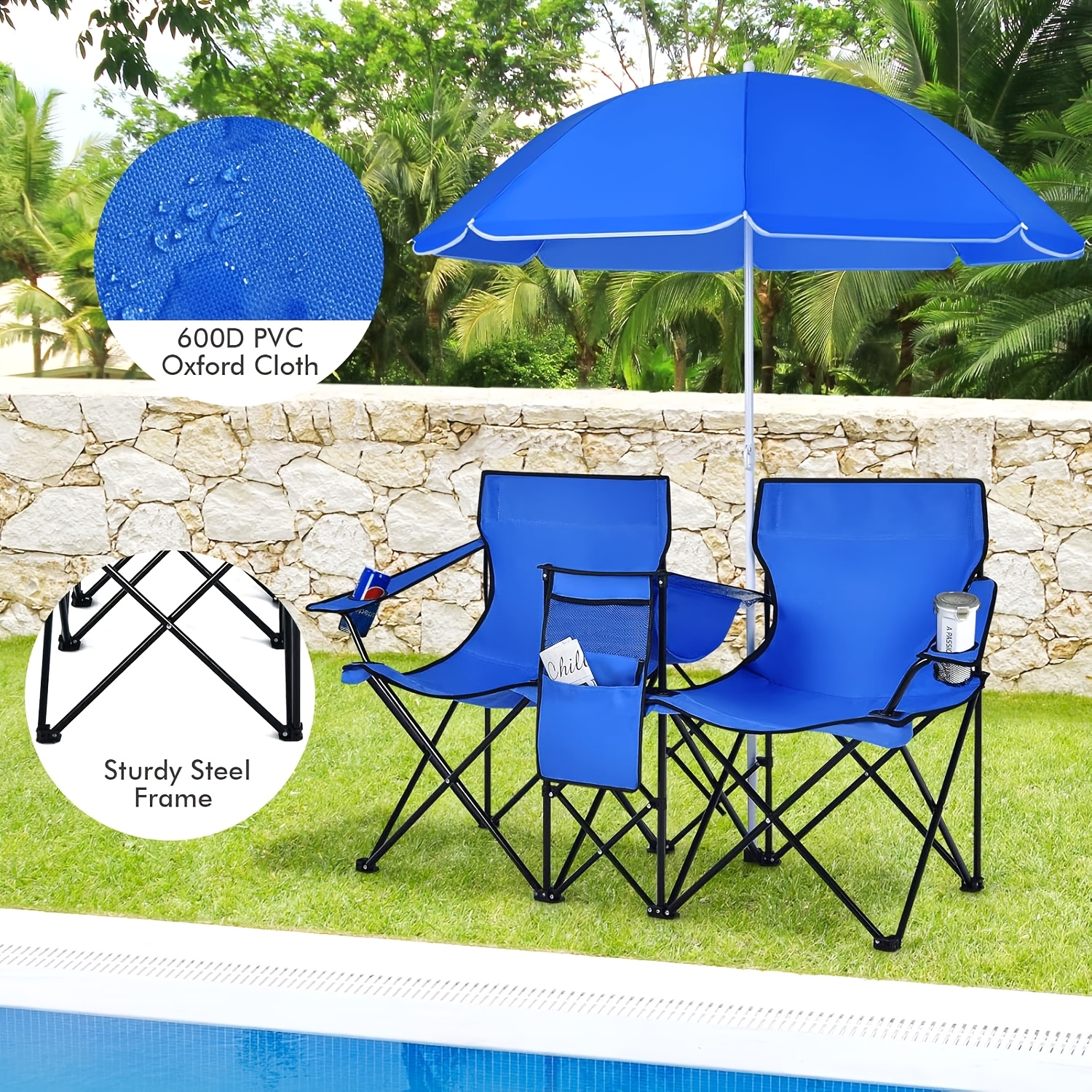 deluxe portable folding dual chair set built in umbrella cooler table beach camping backyard relaxation Product details 3