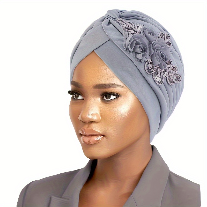 

Flower Embroidery Elegant Turban Hats Lightweight Elastic Head Wraps Pleated Headscarf Ramadan Beanies Chemo For Women